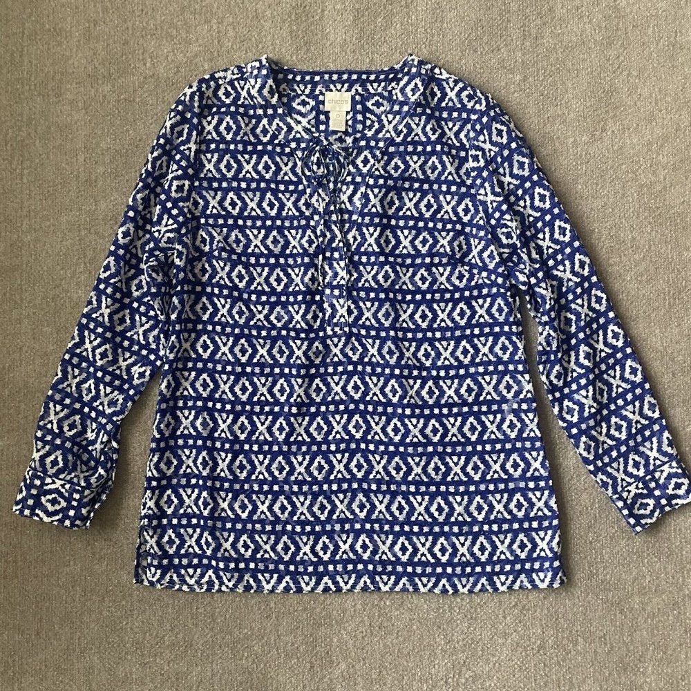 Chico's Shirt Womens 0 (Small) Blue White Blouse Semi-Sheer V-Neck Lace Up